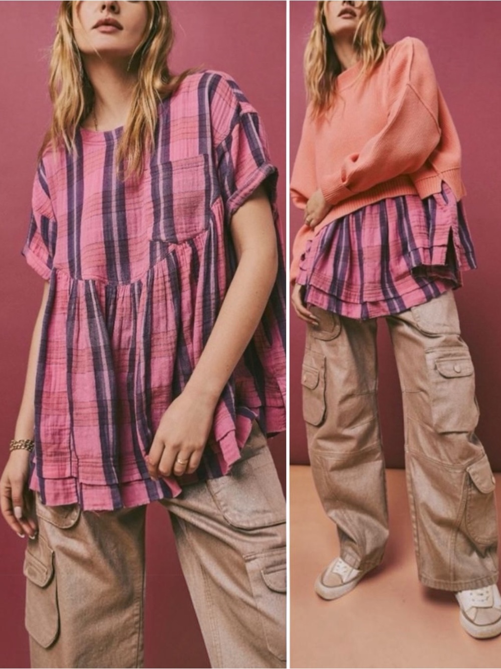 FREE PEOPLE We The Moon City Plaid Pink Purple Combo Oversized Babydoll XS OSFM
